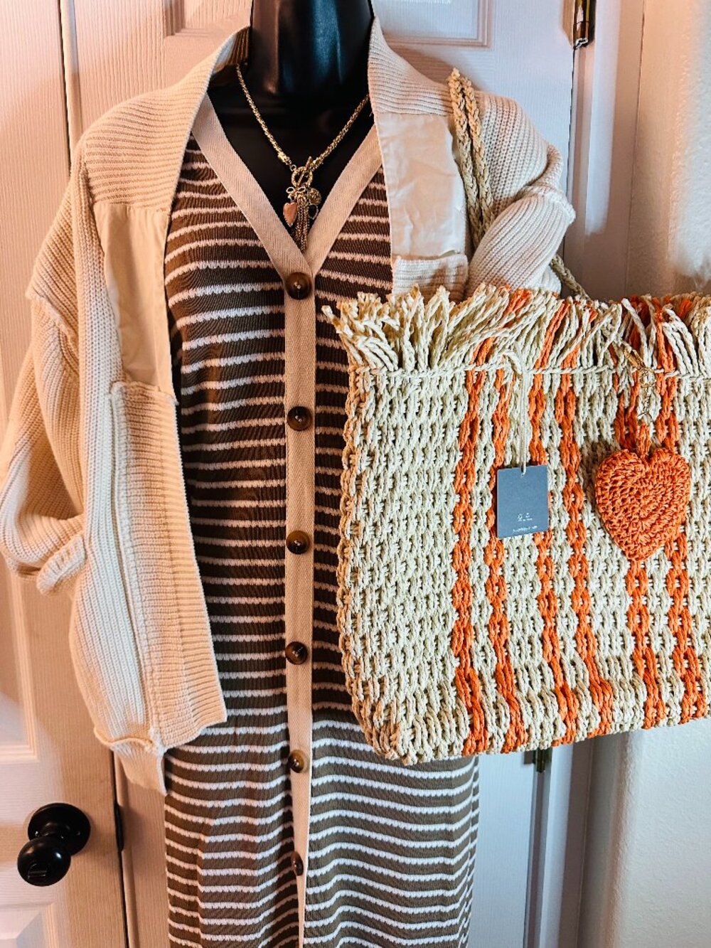 NWT Neutral Striped Button-Down Midi Dress // Earth Tone Boho Chic Small